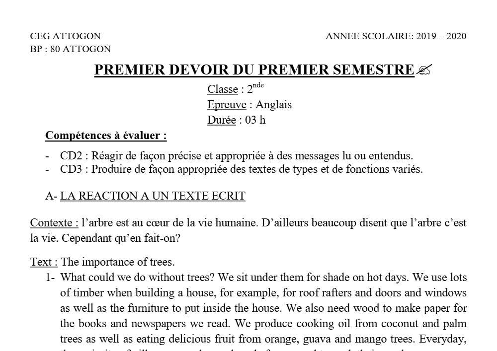 Aperçu de la première page — 2nde Anglais Devoir 1 Semestre 1 CEG Attogon 2019 2020