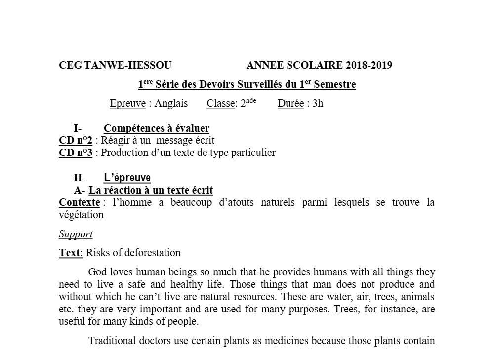 Aperçu de la première page — 2nde Anglais Devoir 1 Semestre 1 CEG Tanwe Hessou 2018 2019