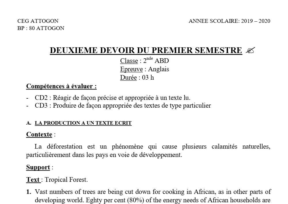 Aperçu de la première page — 2nde Anglais Devoir 2 Semestre 1 Abd CEG Attogon 2019 2020