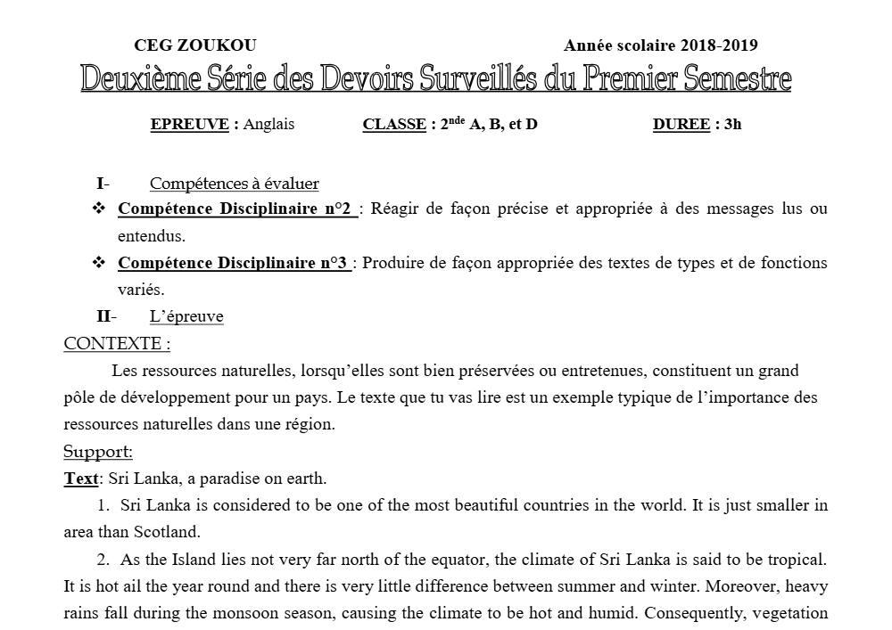 Aperçu de la première page — 2nde Anglais Devoir 2 Semestre 1 Abd CEG Zoukou 2018 2019