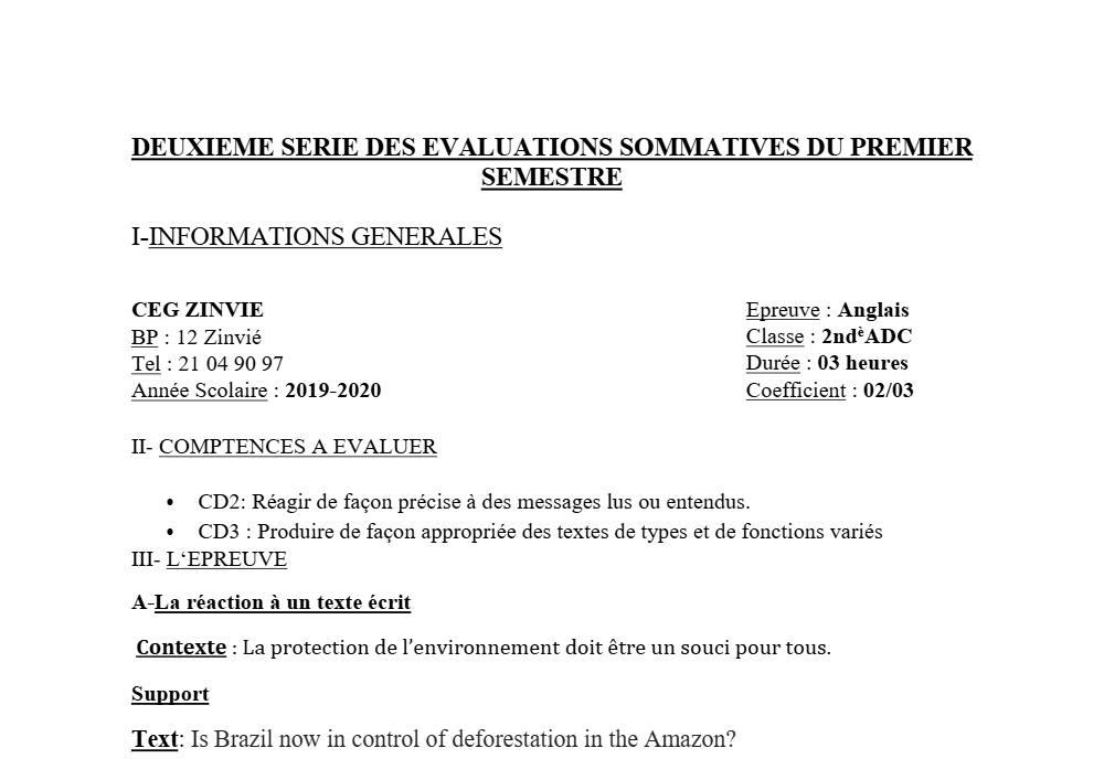 Aperçu de la première page — 2nde Anglais Devoir 2 Semestre 1 Acd CEG Zinvié 2019 2020