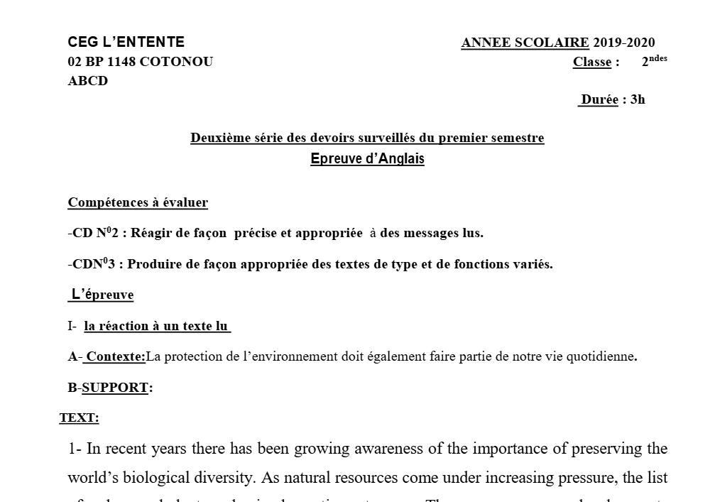 Aperçu de la première page — 2nde Anglais Devoir 2 Semestre 1 CEG L'Entente 2019 2020