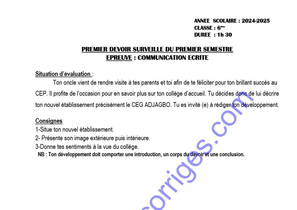 Aperçu de la première page — EPREUVE DU 1ER DEVOIR DU 1ER SEMESTRE COMMUNICATION ECRITE 6ÈME 2024 2025 COLLÈGE D'ENSEIGNEMENT GÉNÉRAL