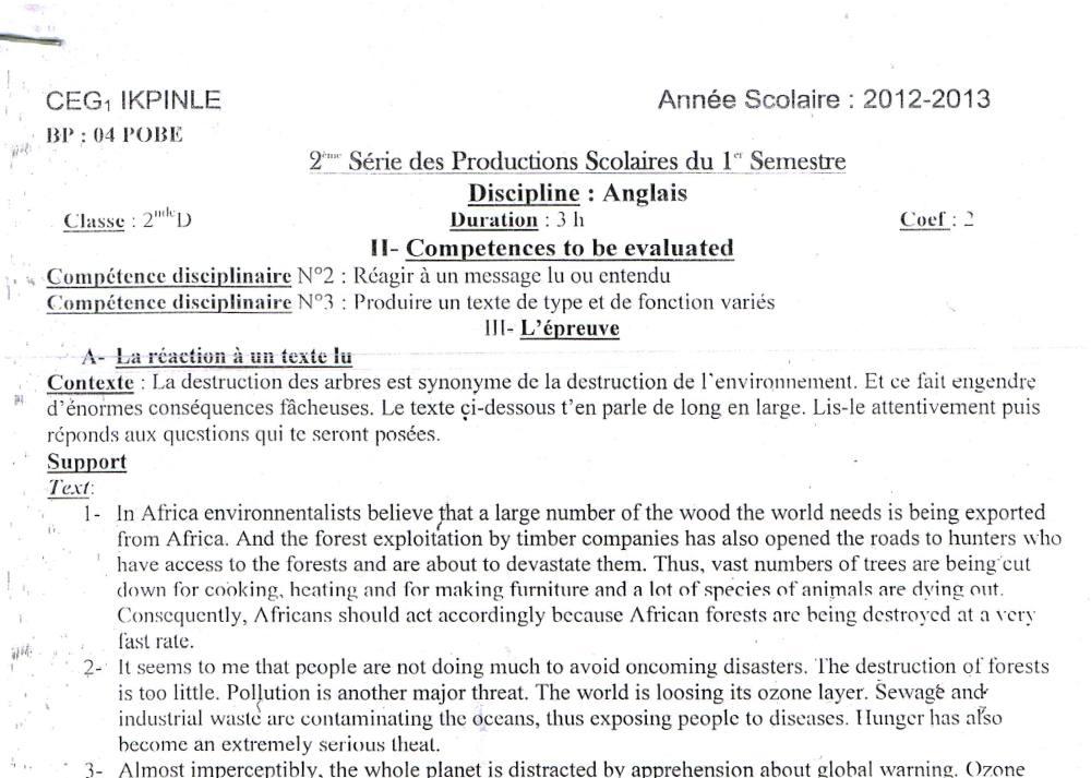 Aperçu de la première page — 2nde Anglais Devoir Semestre 1 CEG1 Ikpinlè Tle D 2013