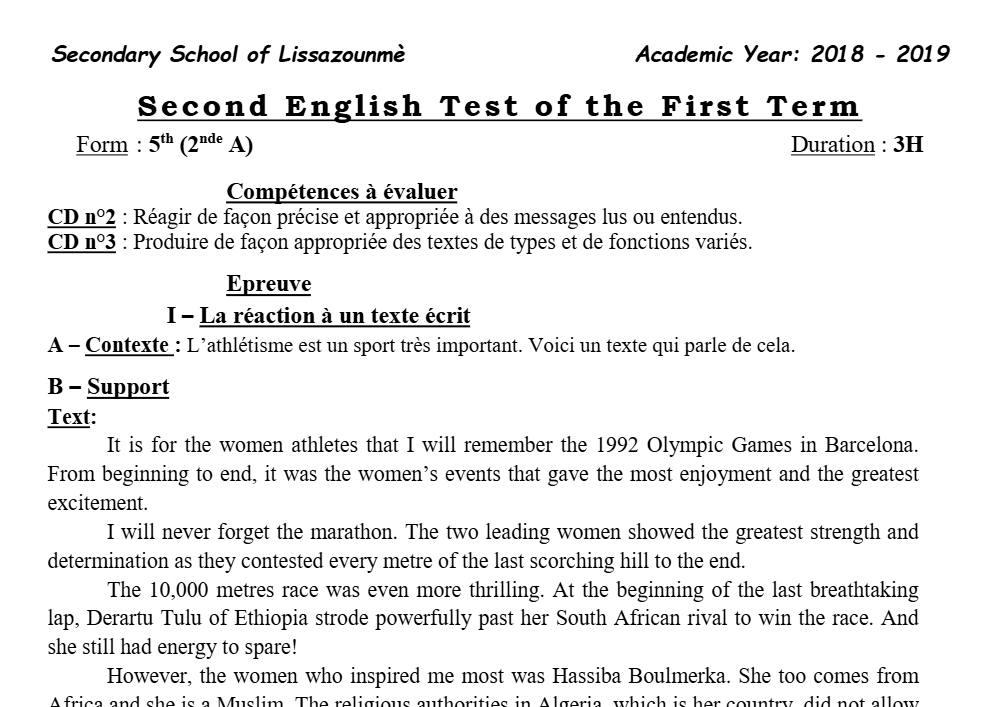 Aperçu de la première page — 2nde A Anglais Devoir 2 Semestre 1 CEG Lissazounme 2018 2019