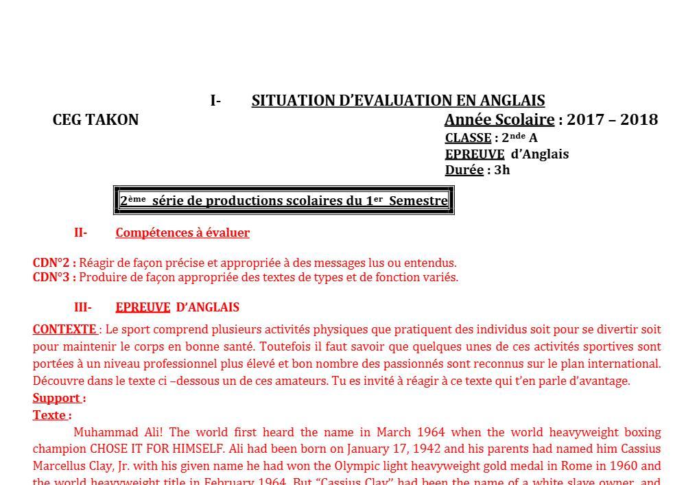 Aperçu de la première page — 2nde A Anglais Devoir 2 Semestre 1 CEG Takon 2018 2019