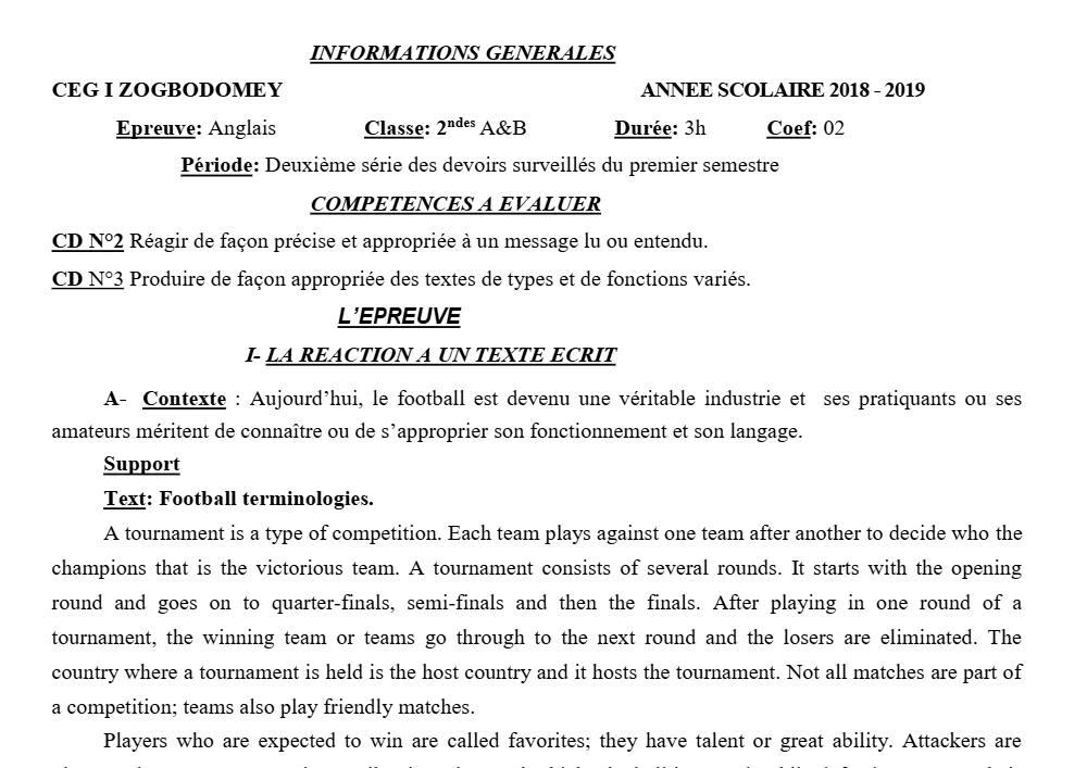 Aperçu de la première page — 2nde AB Anglais Devoir 2 Semestre 1 CEG1 Zogbodomey 2018 2019
