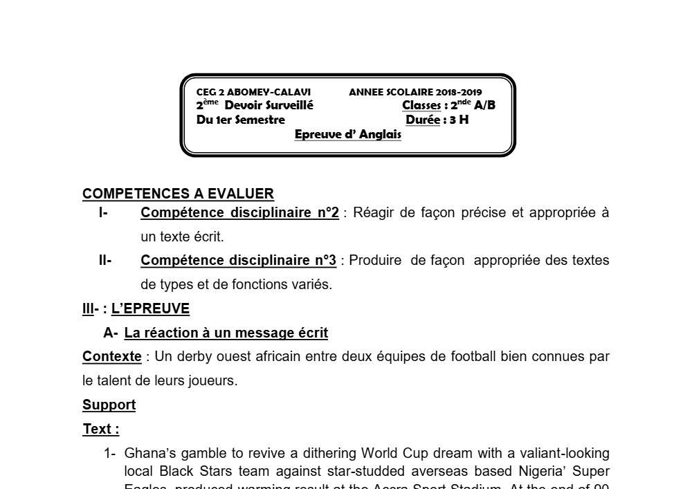 Aperçu de la première page — 2nde AB Anglais Devoir 2 Semestre 1 CEG2 Abomey Calavi 2018 2019
