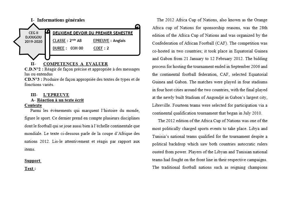 Aperçu de la première page — 2nde AB Anglais Devoir 2 Semestre 1 CEG2 Djougou 2019 2020