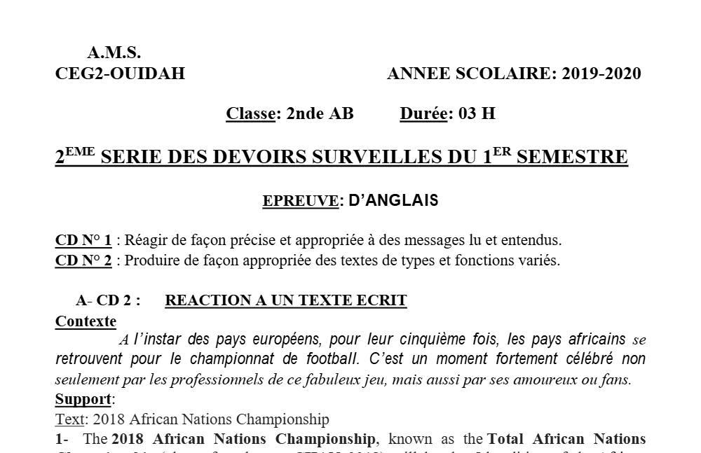 Aperçu de la première page — 2nde AB Anglais Devoir 2 Semestre 1 CEG2 Ouidah 2019 2020