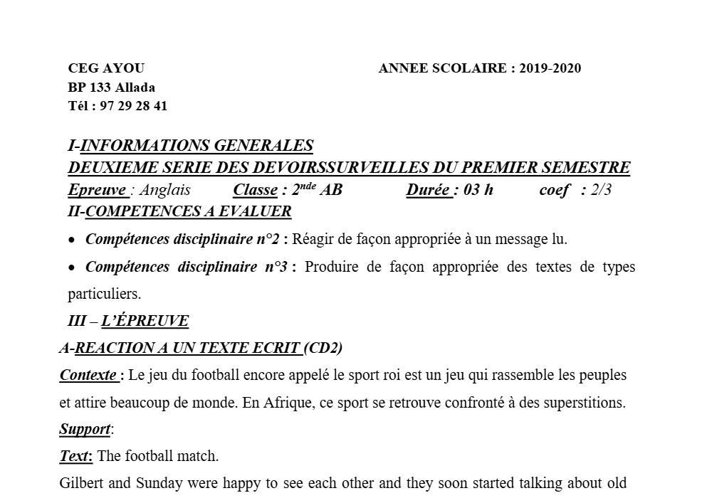 Aperçu de la première page — 2nde AB Anglais Devoir 2 Semestre 1 CEG Ayou 2019 2020