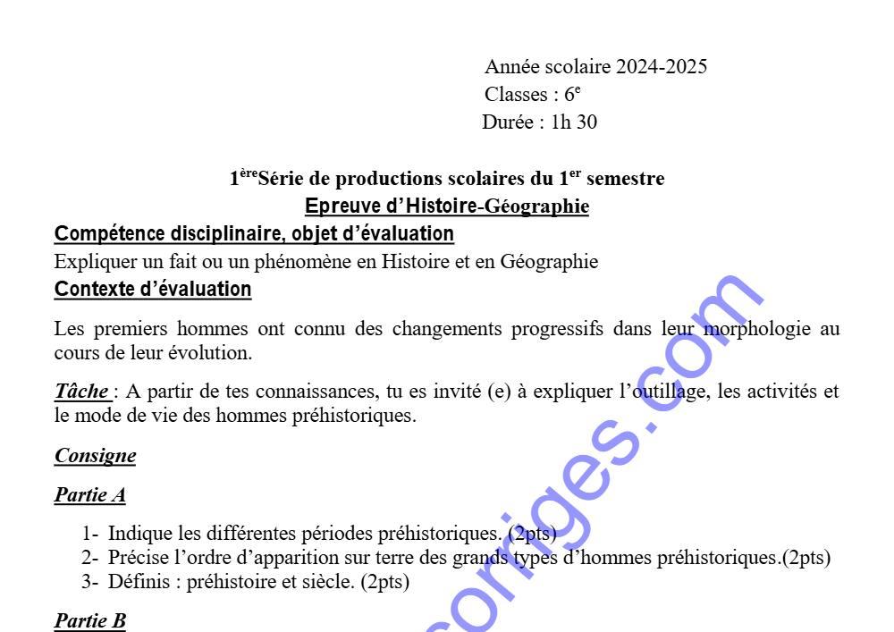 Aperçu de la première page — EPREUVE DU 1ER DEVOIR DU 1ER SEMESTRE HISTOIRE GEOGRAPHIE 6ÈME 2024 2025 COLLÈGE D'ENSEIGNEMENT GÉNÉRAL