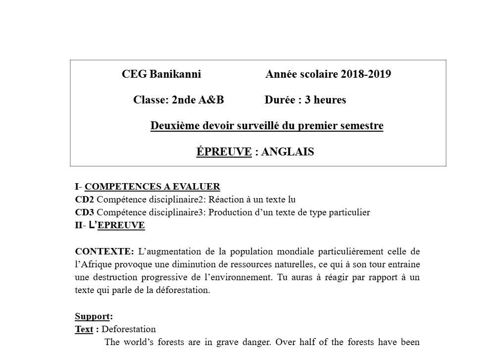 Aperçu de la première page — 2nde AB Anglais Devoir 2 Semestre 1 CEG Banikanni 2018 2019