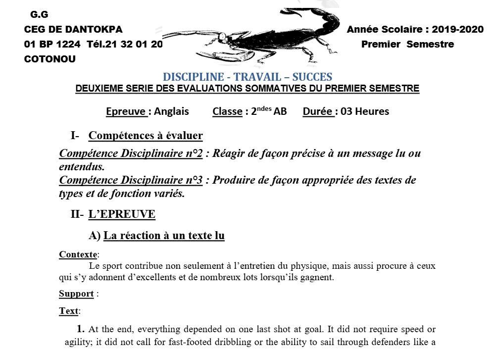 Aperçu de la première page — 2nde AB Anglais Devoir 2 Semestre 1 CEG Dantokpa 2019 2020