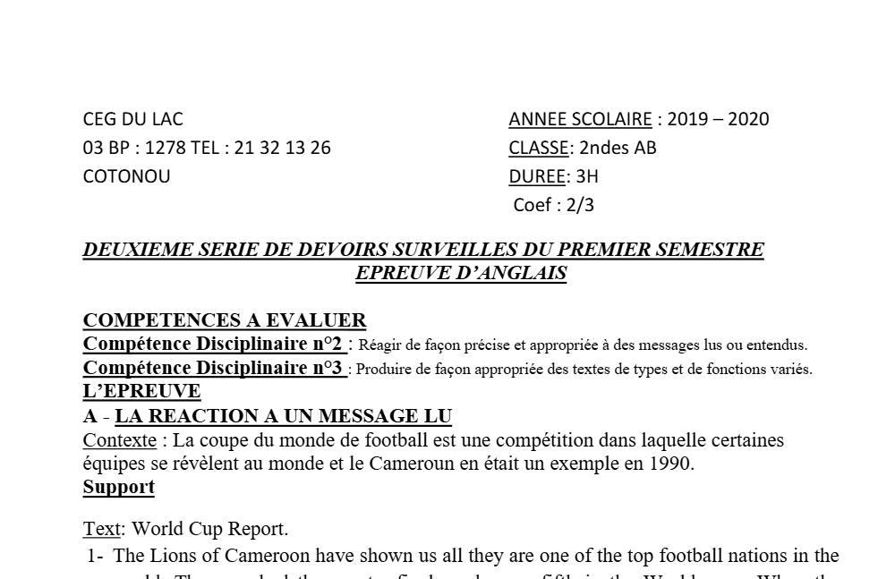 Aperçu de la première page — 2nde AB Anglais Devoir 2 Semestre 1 CEG du Lac 2019 2020