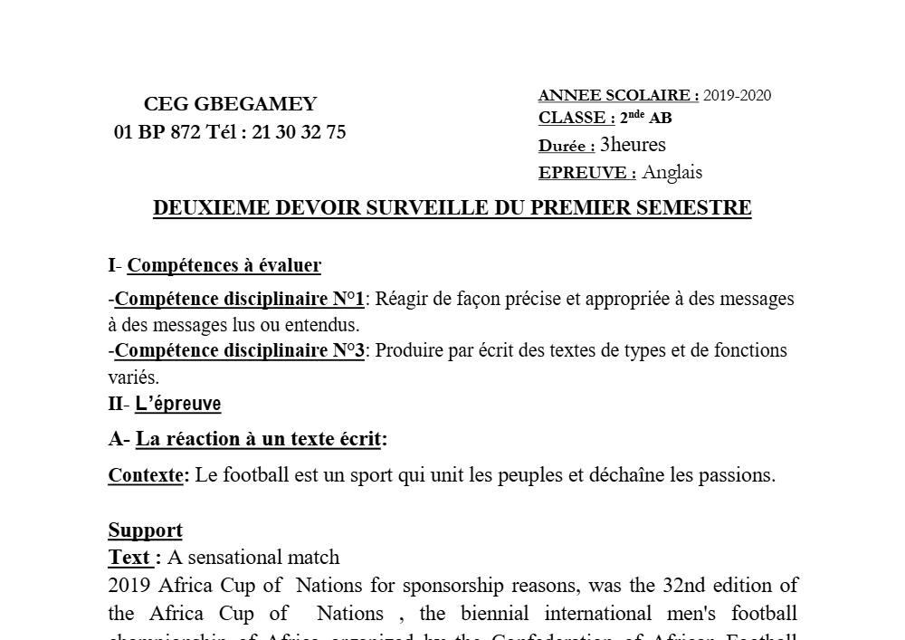 Aperçu de la première page — 2nde AB Anglais Devoir 2 Semestre 1 CEG Gbégamey 2019 2020