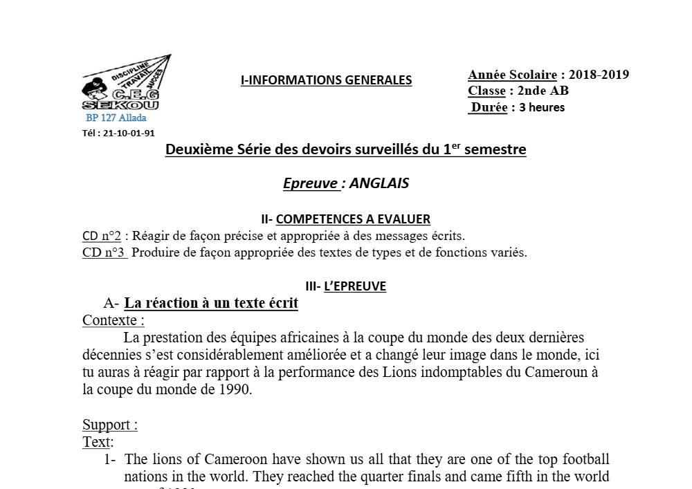 Aperçu de la première page — 2nde AB Anglais Devoir 2 Semestre 1 CEG Sekou 2018 2019