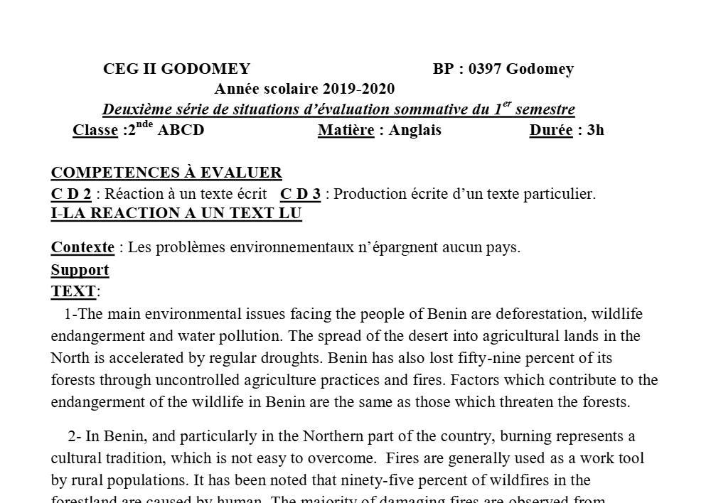 Aperçu de la première page — 2nde ABCD Anglais Devoir 2 Semestre 1 CEG2 Godomey 2019 2020