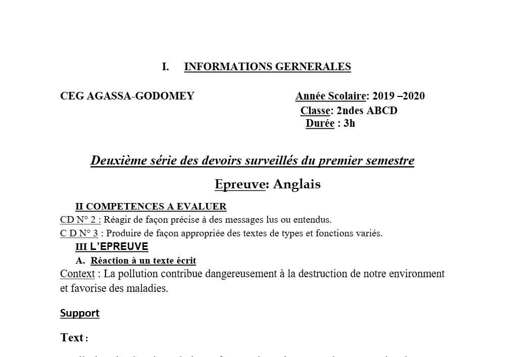 Aperçu de la première page — 2nde ABCD Anglais Devoir 2 Semestre 1 CEG Agassa Godomey 2019 2020