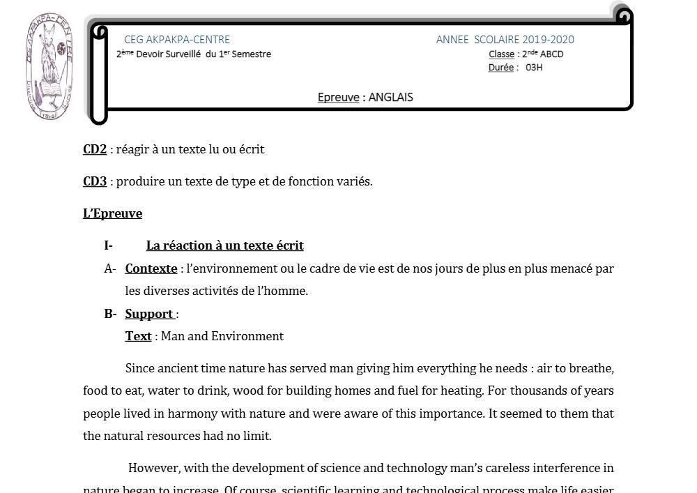 Aperçu de la première page — 2nde ABCD Anglais Devoir 2 Semestre 1 CEG Akpakpa 2019 2020