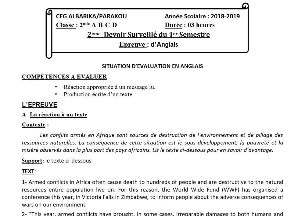 Aperçu de la première page — 2nde ABCD Anglais Devoir 2 Semestre 1 CEG Albarika 2018 2019