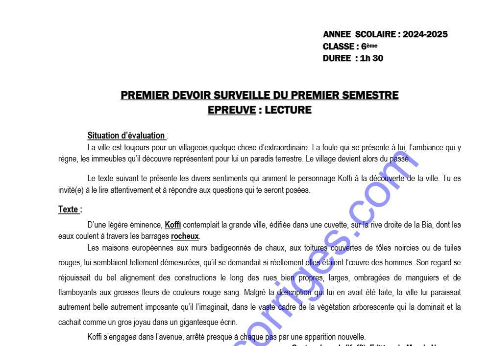 Aperçu de la première page — EPREUVE DU 1ER DEVOIR DU 1ER SEMESTRE LECTURE 6ÈME 2024 2025 COLLÈGE D'ENSEIGNEMENT GÉNÉRAL
