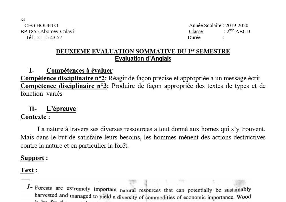 Aperçu de la première page — 2nde ABCD Anglais Devoir 2 Semestre 1 CEG Houeto 2019 2020