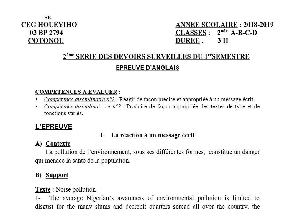 Aperçu de la première page — 2nde ABCD Anglais Devoir 2 Semestre 1 CEG Houéyiho 2018 2019