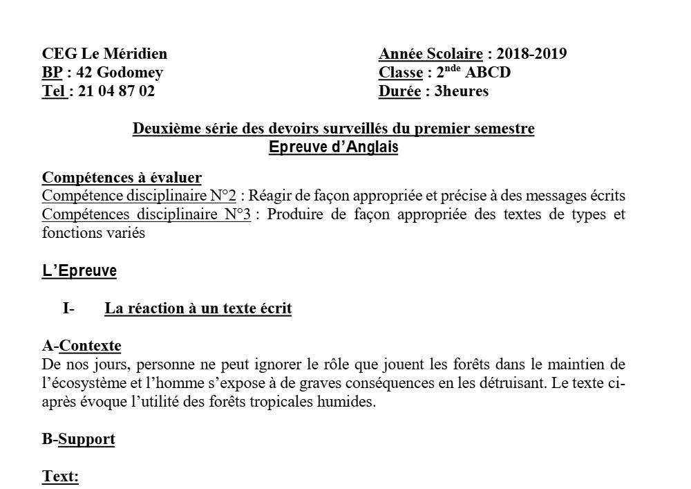 Aperçu de la première page — 2nde ABCD Anglais Devoir 2 Semestre 1 CEG Le Meridien 2018 2019
