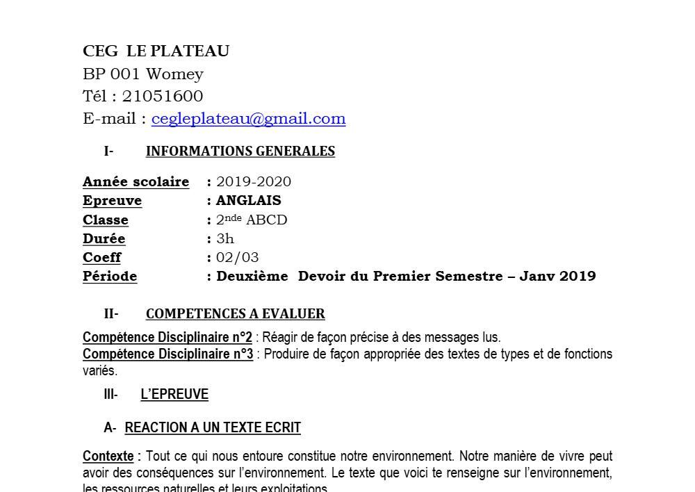 Aperçu de la première page — 2nde ABCD Anglais Devoir 2 Semestre 1 CEG Le Plateau 2019 2020