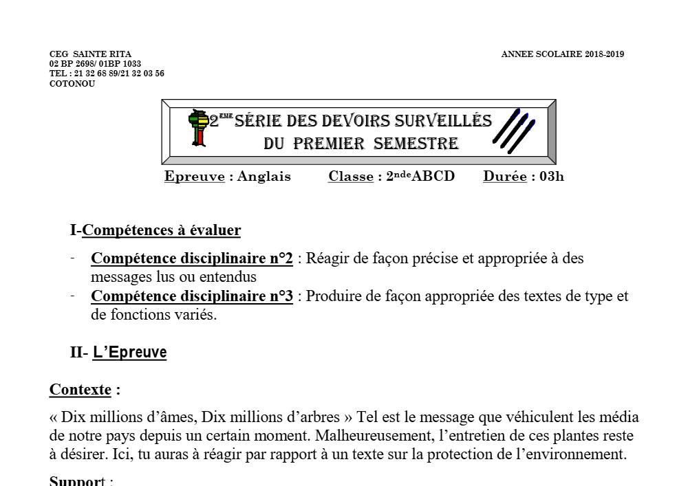 Aperçu de la première page — 2nde ABCD Anglais Devoir 2 Semestre 1 CEG Sainte Rita 2018 2019