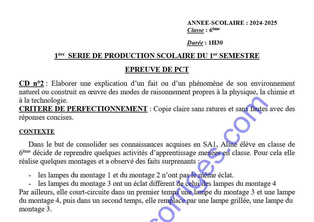 Aperçu de la première page — EPREUVE DU 1ER DEVOIR DU 1ER SEMESTRE PCT 6ÈME 2024 2025 COLLÈGE D'ENSEIGNEMENT GÉNÉRAL