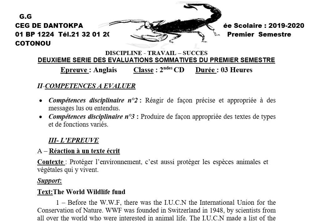 Aperçu de la première page — 2nde CD Anglais Devoir 2 Semestre 1 CEG Dantokpa 2019 2020