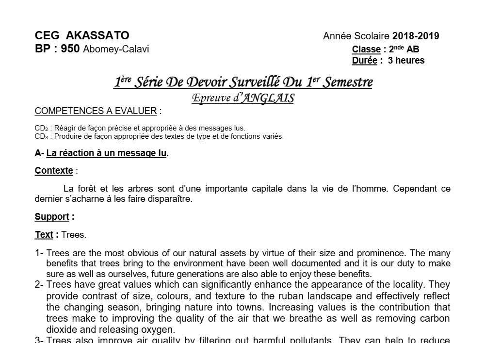Aperçu de la première page — 2nde AB Anglais Devoir 1 Semestre 1 CEG Akassato 2018 2019