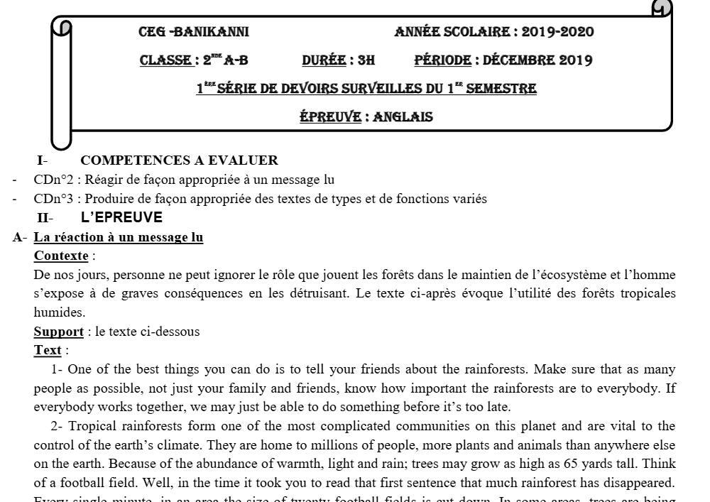 Aperçu de la première page — 2nde AB Anglais Devoir 1 Semestre 1 CEG Banikanni 2019 2020