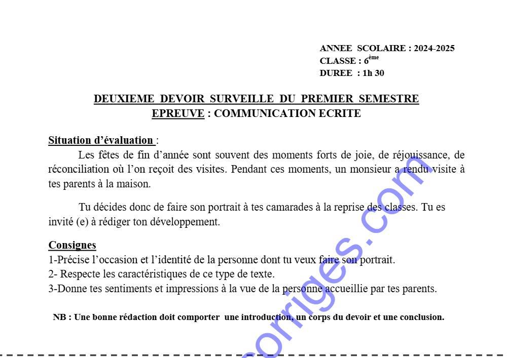 Aperçu de la première page — EPREUVE DU 2ÈME DEVOIR DU 1ER SEMESTRE COMMUNICATION ECRITE 6ÈME 2024 2025 COLLÈGE D'ENSEIGNEMENT GÉNÉRAL