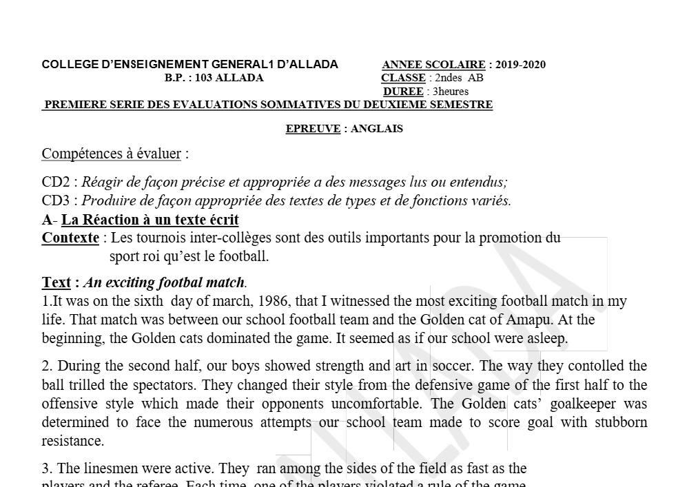 Aperçu de la première page — 2nde AB Anglais Devoir 1 Semestre 2 CEG1 Allada 2019 2020