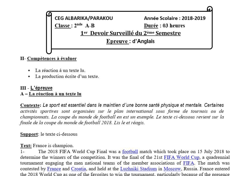 Aperçu de la première page — 2nde A B Anglais Devoir 1 Semestre 2 CEG Albarika 2018 2019