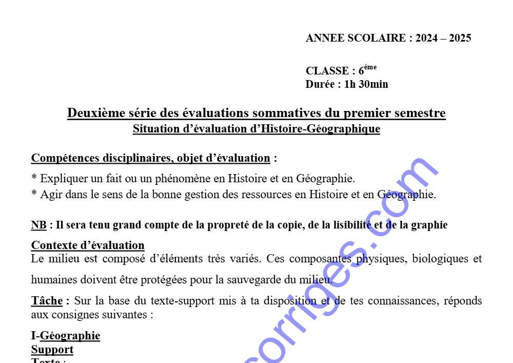 Aperçu de la première page — EPREUVE DU 2ÈME DEVOIR DU 1ER SEMESTRE HISTOIRE GEOGRAPHIE 6ÈME 2024 2025 COLLÈGE D'ENSEIGNEMENT GÉNÉRAL