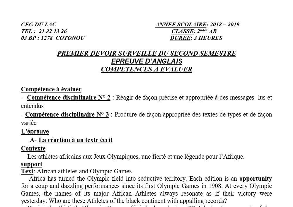 Aperçu de la première page — 2nde AB Anglais Devoir 1 Semestre 2 CEG du Lac 2018 2019