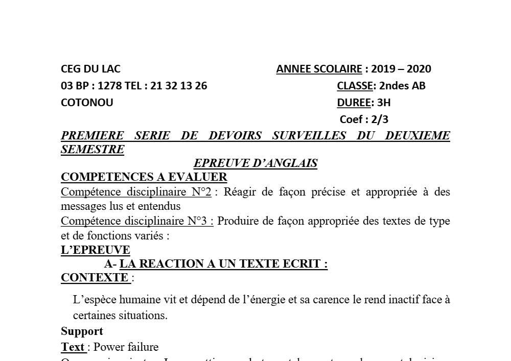 Aperçu de la première page — 2nde AB Anglais Devoir 1 Semestre 2 CEG du Lac 2019 2020