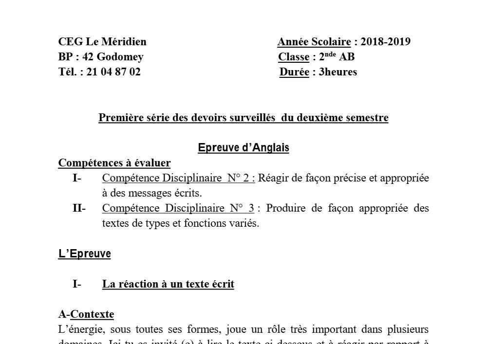 Aperçu de la première page — 2nde AB Anglais Devoir 1 Semestre 2 CEG Le Meridien 2018 2019