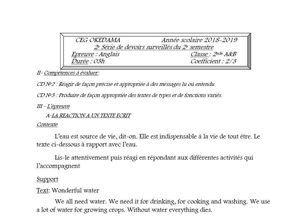 Aperçu de la première page — 2nde A B Anglais Devoir 2 Semestre 2 CEG Okedama 2018 2019
