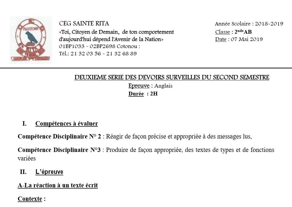 Aperçu de la première page — 2nde AB Anglais Devoir 2 Semestre 2 CEG Sainte Rita 2018 2019