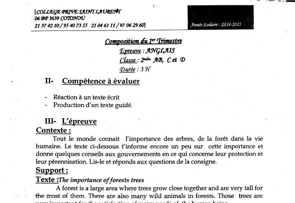 Aperçu de la première page — 2nde AB C D Anglais Composition Trimestre 1 Collège Prive Saint Laurent 2014 2015