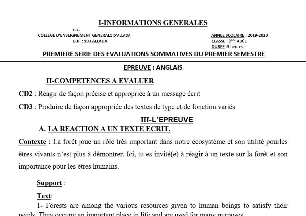 Aperçu de la première page — 2nde ABCD Anglais Devoir 1 Semestre 1 CEG1 Allada 2019 2020