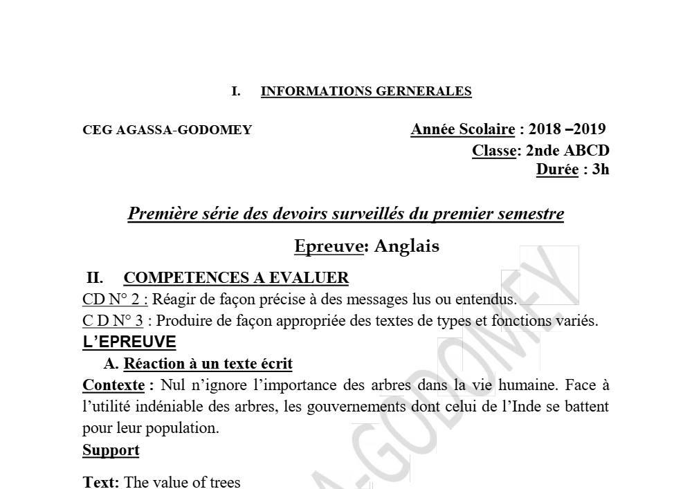 Aperçu de la première page — 2nde ABCD Anglais Devoir 1 Semestre 1 CEG Agassa Godomey 2018 2019