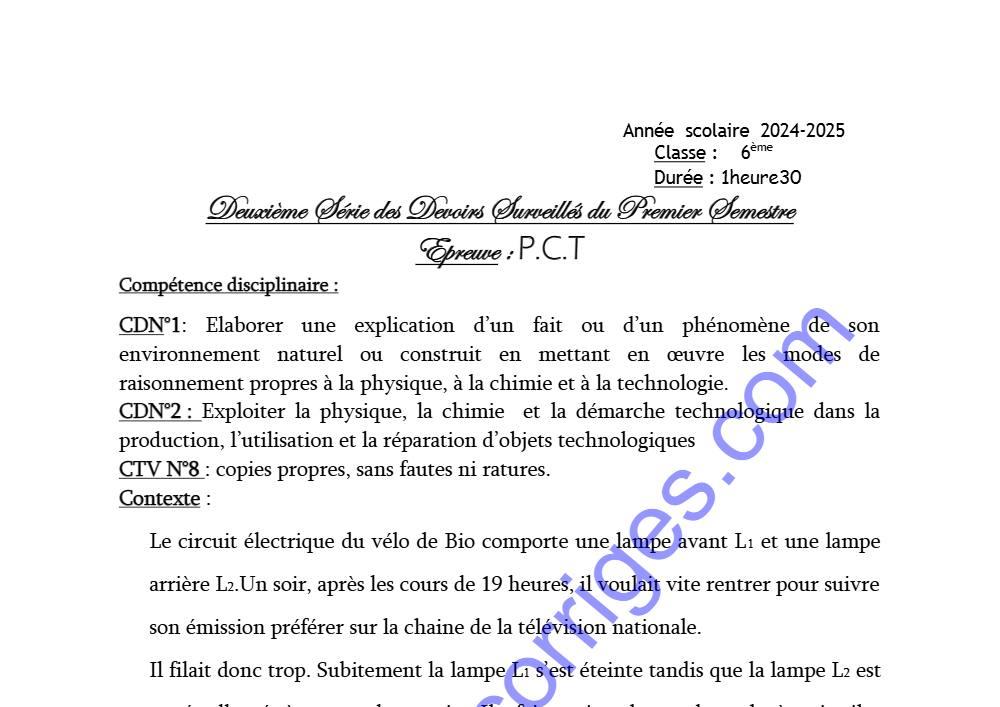 Aperçu de la première page — EPREUVE DU 2ÈME DEVOIR DU 1ER SEMESTRE PCT 6ÈME 2024 2025 COLLÈGE D'ENSEIGNEMENT GÉNÉRAL