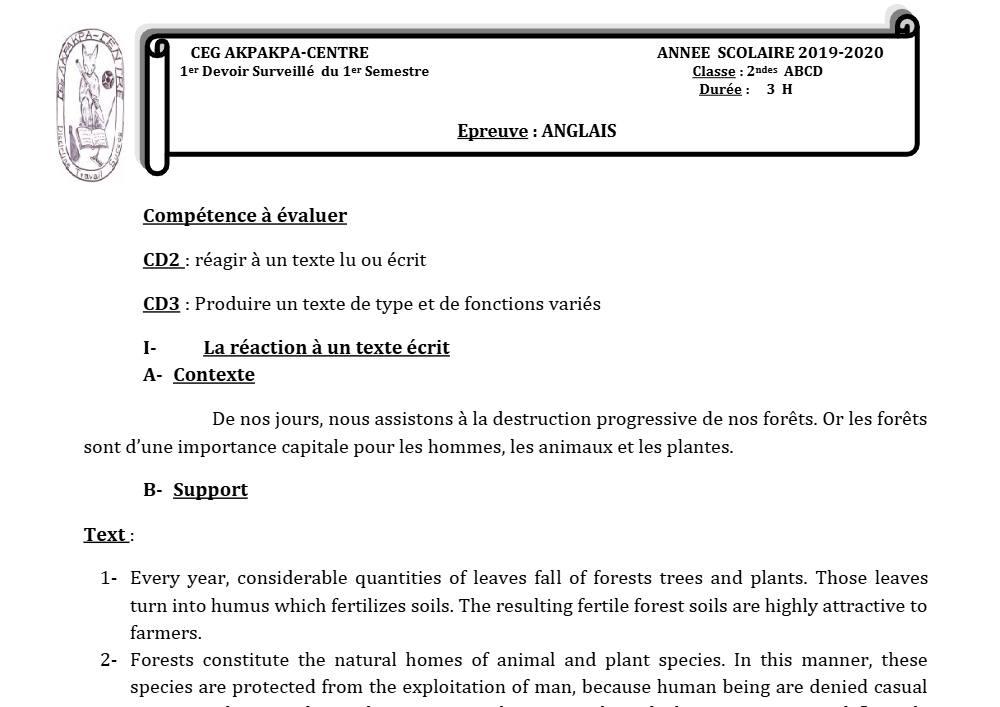Aperçu de la première page — 2nde ABCD Anglais Devoir 1 Semestre 1 CEG Akpakpa 2019 2020