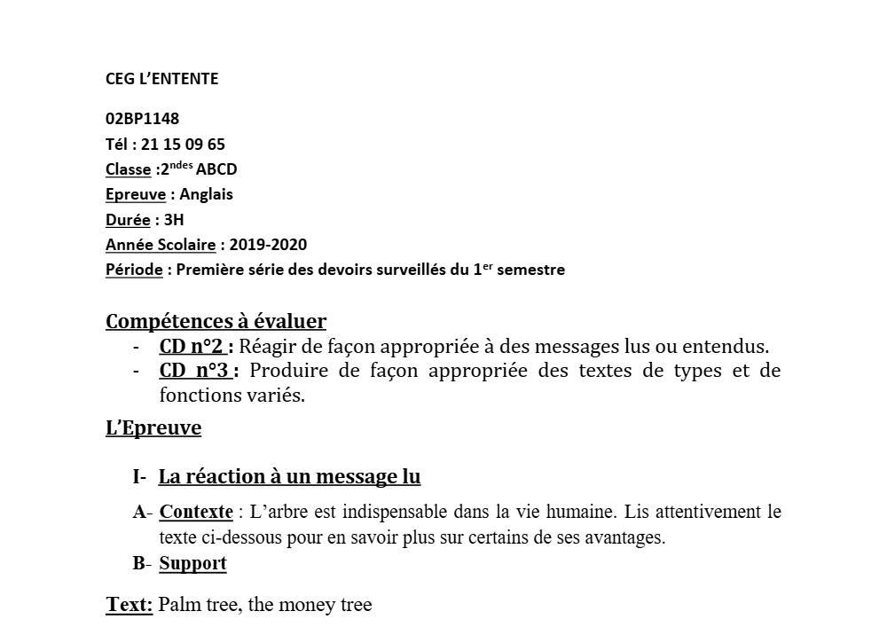 Aperçu de la première page — 2nde ABCD Anglais Devoir 1 Semestre 1 CEG L'Entente 2019 2020